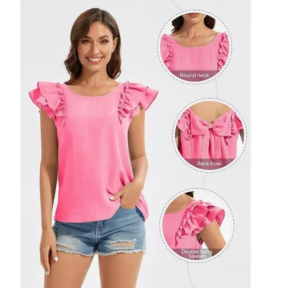 Women's Summer Tops Bow Tie Back Butterfly Sleeve Blouse - Picture 3 of 6